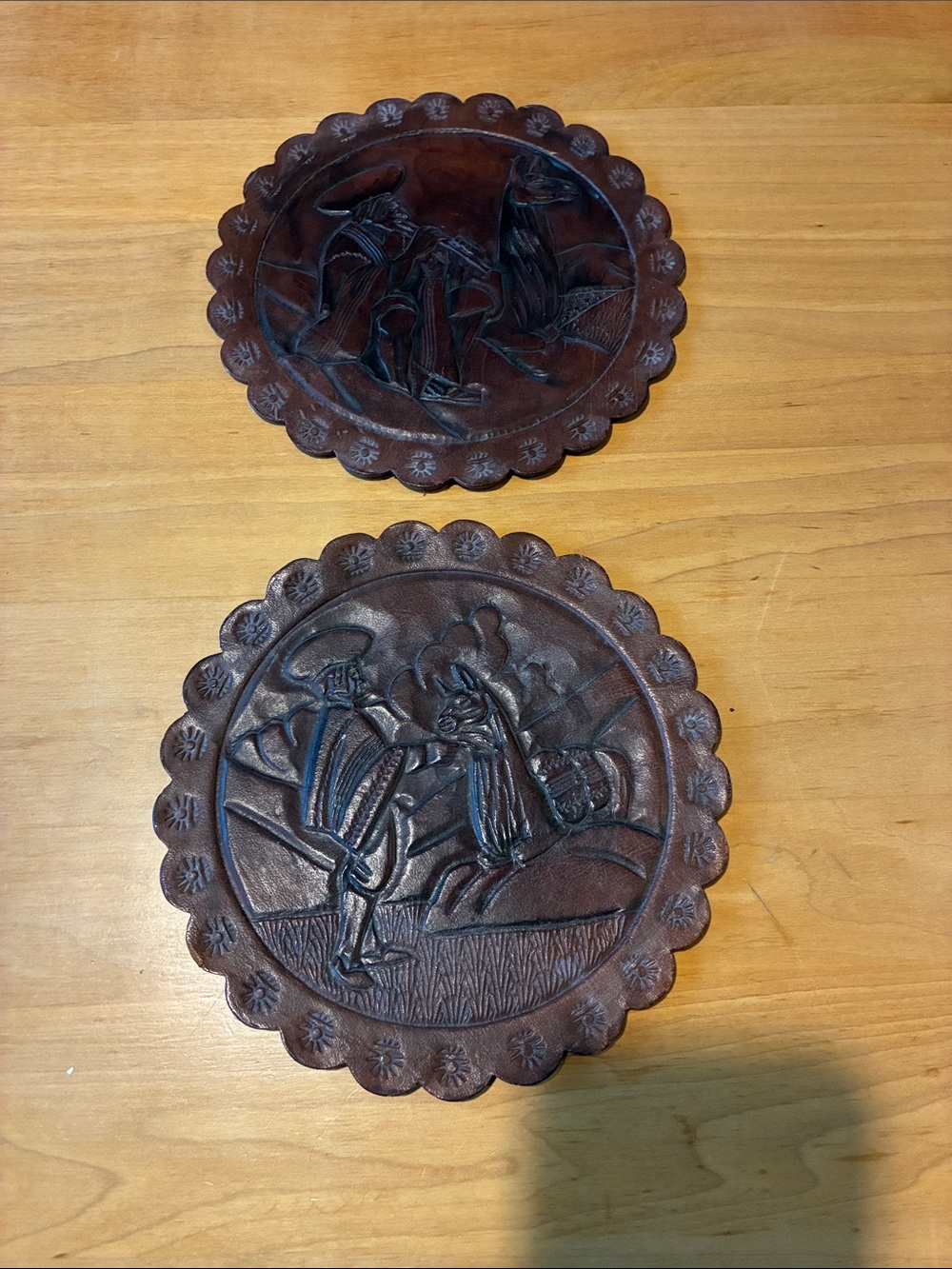 Vintage South American Hand Tooled Leather Trivets or Wall Plaques
